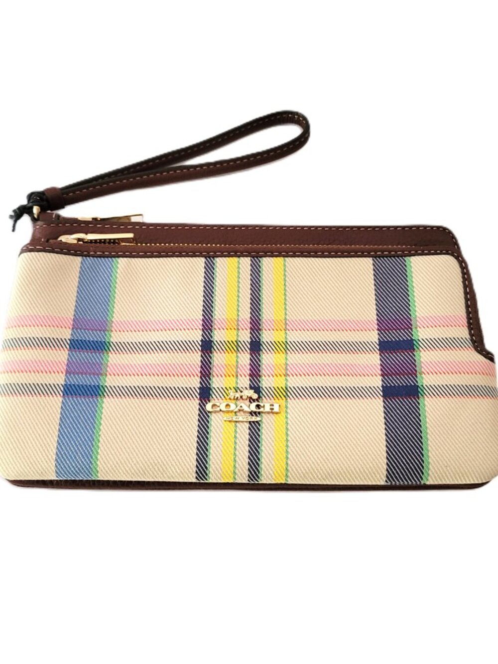 Coach CBO26 Double Zip Wallet Plaid Canvas Leather Clutch Wristlet Dark Natural - Picture 2 of 7